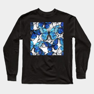 White Seamless Pattern with Blue Butterflies Long Sleeve T-Shirt